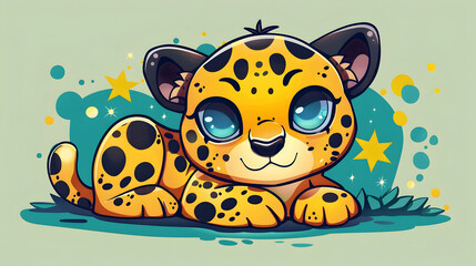 Cute Cartoon Illustration of a Cheetah with Big Blue Eyes