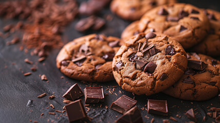 Fototapeta premium Stacked chocolate chip cookies with scattered chocolate chips on a surface.