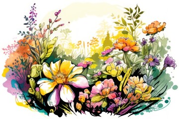 vibrant explosion of abstract flowers and foliage on a black background, bursting with life and color bursting with flowers