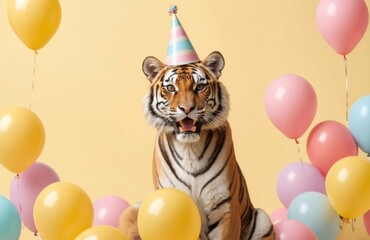 A playful tiger wearing a birthday hat with gift and colorful balloons, celebrates its special day.
