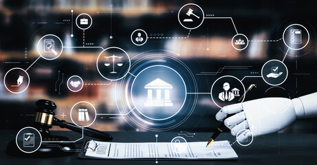 AI ethics related law concept shown by AI robot hand using lawyer working tools in lawyers office...
