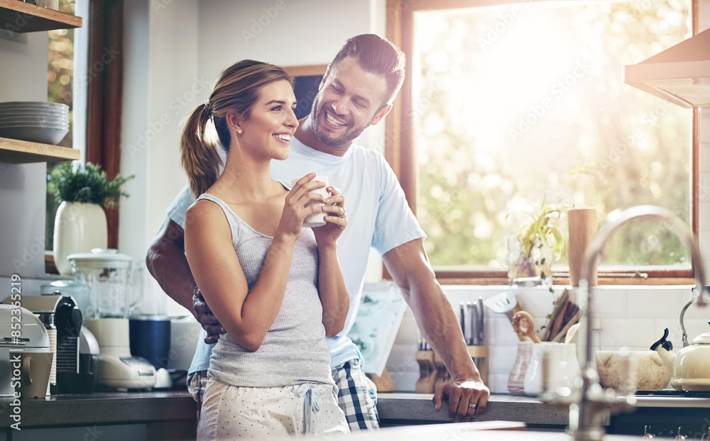 Poster Coffee, love and smile with couple in kitchen of home together for morning break or wellness. Cup, relax or romance with happy man and woman drinking fresh caffeine beverage in apartment for bonding