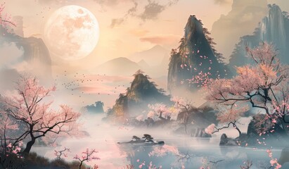 Painting of a beautiful, peaceful landscape with mountains and trees, asian, scenic view