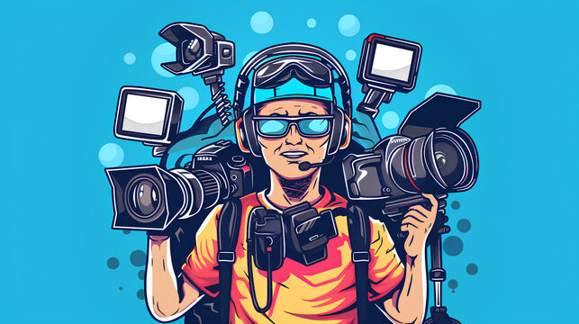 A t-shirt design of an animated video journalist with multiple cameras and microphones, vector illustration in the style of street art, vibrant colors, professional look, on a blue background. TGY Web