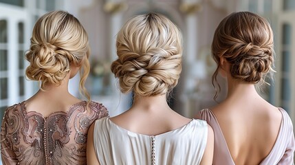 Three women with long, blonde and brown hair styled in elegant updos, stand with their backs to the camera in a softly lit setting. They are wearing beautiful dresses with intricate details