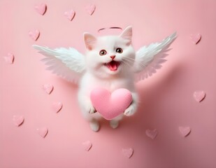 a white cat with a red heart shaped tag sits on a pink background with a red heart shaped heart.