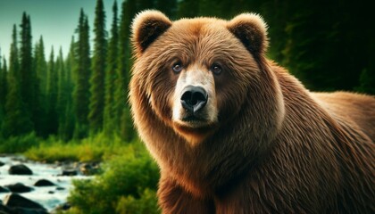 Obraz premium A grizzly bear in a natural forested setting, with a close-up view highlighting its powerful physique and intense gaze.