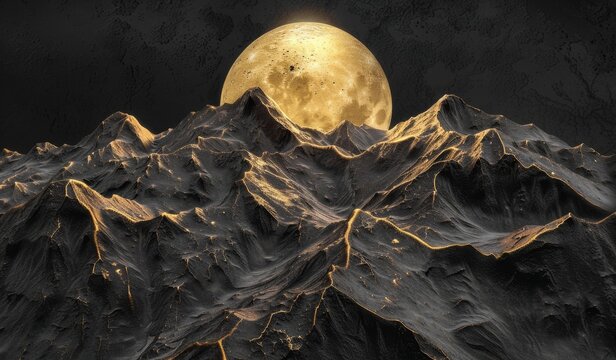 Painting of a luxurious black and gold mountain landscape, stunning visual, scenic