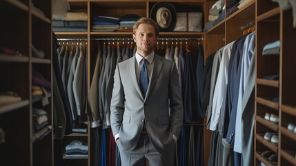 A man in a suit stands in a closet with a tie around his neck. He is wearing a gray suit and a blue tie