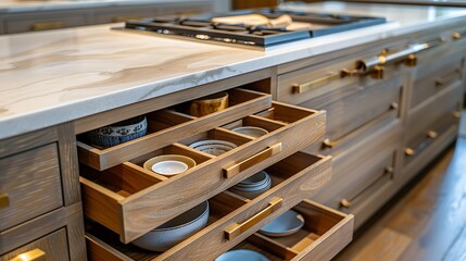 Beautiful kitchen organizers drawers with custom dividers, showcasing a meticulous attention to detail in storage solution.