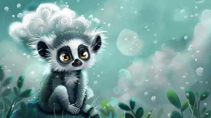 Obraz premium Cute Lemur with Cloud Illustration