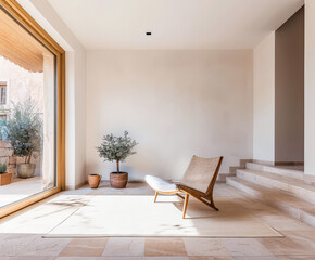 Fototapeta premium Minimalist interiors with the use of warm tones in a luxury residence. Residential Real Estate interior design composition for ads.