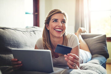 Thinking, tablet or happy woman with credit card in house for ecommerce sale or order choice on fintech website. Ideas, easy payment or person on financial app for online shopping or discount options