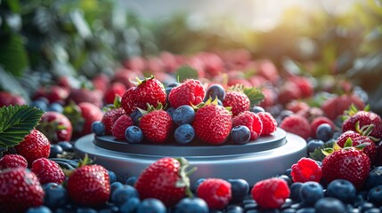 Assorted berries including strawberries, raspberries, and blueberries on a round pedestal. Fresh and summer fruit concept.