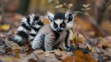 Fototapeta premium A Curious Ring-Tailed Lemur in Autumn Leaves Photo