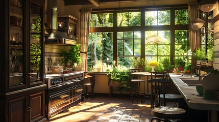 Fototapeta premium beautiful view of sunlit kitchen garden through a large bay window bringing nature freshness into the cooking area