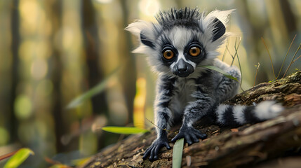 Cute Baby Lemur Eating Grass in the Jungle - 3D Illustration