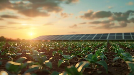 Green seedlings in the foreground with solar panels in the background under a beautiful sunset, symbolizing sustainable agriculture and renewable energy.
