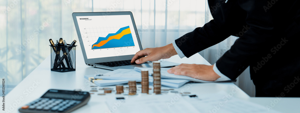 Poster business intelligence analyst use bi software on laptop to analyze financial data dashboard with gro