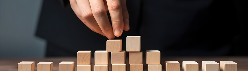 Business Development and Growth Success Process Concept with Hand Arranging Wooden Blocks