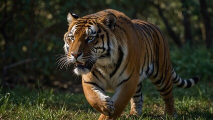 Fototapeta premium Tiger in Pursuit: Position the tiger in mid-stride, its muscles tense and powerful as it runs swiftly through the undergrowth. Capture the intensity in its eyes and the determination in its posture.