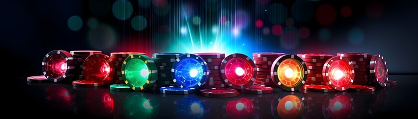 Fototapeta premium Colorful Poker Chips Illuminated Under Vibrant Lights in a Casino