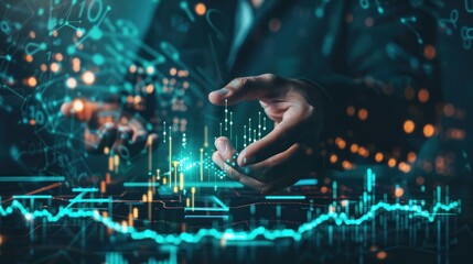 Businessman hand show Stock chart showing rising stock sign with graph indicator. a growing stock market graph shows business growth on a dark background