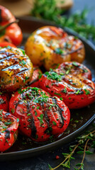 Fototapeta premium A plate of grilled tomatoes with herbs on top