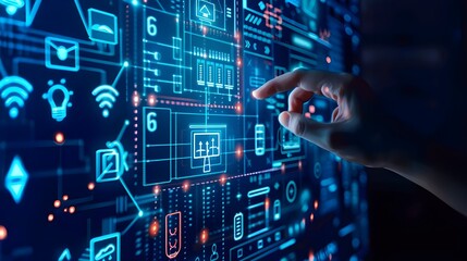 Smart home automation concept is illustrated with icons representing the various functionalities of this technology, accompanied by an image of a person touching a button to interact with the system