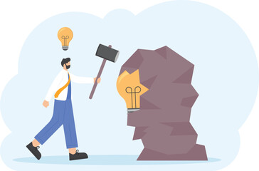 Ideas and solutions. creative worker. A man finds a light bulb inside a stone. knowledge mining. innovation, knowledge, insight, inspiration. illustration concept design. vector elements. blue

