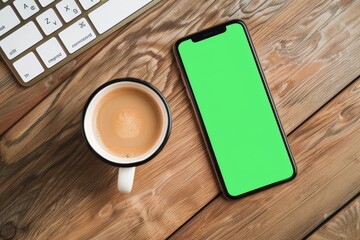 Smartphone with Green Screen Beside Coffee Cup on Wooden Desk