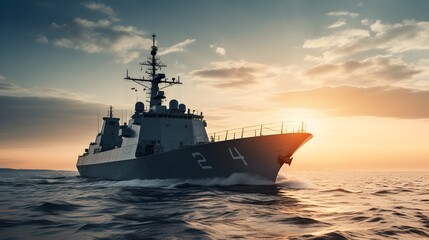 Majestic Navy Warship Sailing on the Serene Sea at Sunset