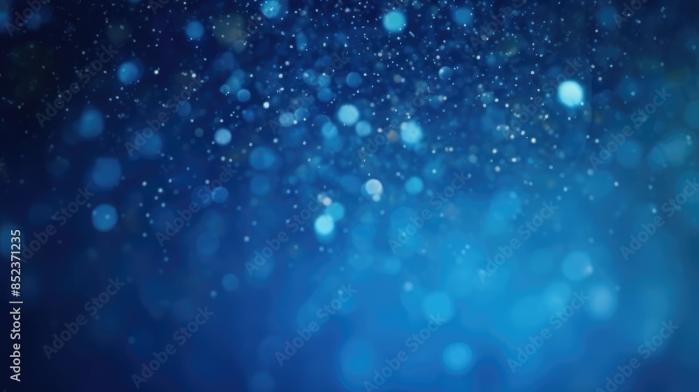 Poster the picture of vague visual of sparkling particles scattered across a deep blue background, create a