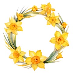 Watercolor Daffodil Floral Frame Wreath on White Background
