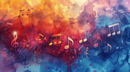 Obraz premium A colorful painting of musical notes with a blue background