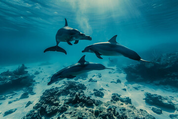 Obraz premium Dolphins and dolphins swimming in the blue ocean, underwater photography in the style of National Geographic photo, wide angle lens, raw high resolution, HDR, professional color grading, soft shadows,