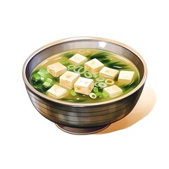 Watercolor of Miso Soup with Tofu,Seaweed,and Green Onions