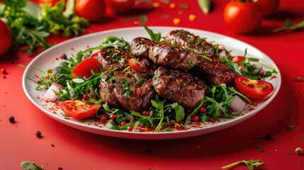 Fototapeta premium Grilled Meat Salad on a Red Background Georgian Cuisine Concept