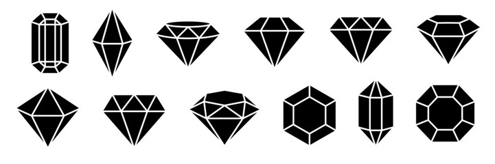 Set of diamonds line in a flat icons style. Abstract black diamond collection icons. Gemstone icons in a linear minimal style. Vector icon logo design diamonds.