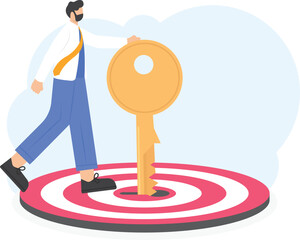 Key Performance Indicators. The key to success and achieving business targets. Entrepreneurs use the golden key to get to their targets and unlock business success. flat cartoon illustration. concept
