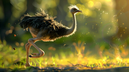 Young Ostrich Running Through Golden Grass Illustration