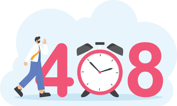 Error code 408 Request Timeout. The server disconnects the connection request because it takes too long. A visitor gets a 408 error message on a web page because of a network problem. illustration

