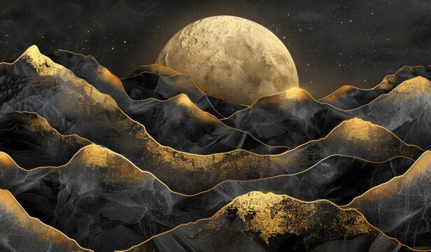 Painting of a luxurious black and gold mountain landscape, stunning visual, scenic