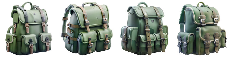 Fototapeta premium Set of Green Backpack isolated on transparent png background. Generative ai