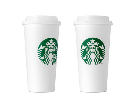 Two tall white Starbucks coffee cups with green mermaid logos and lids, standing side by side on a white background