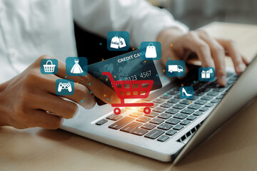 Customer open hologram graphic interface controlling device choosing online platform. Smart...