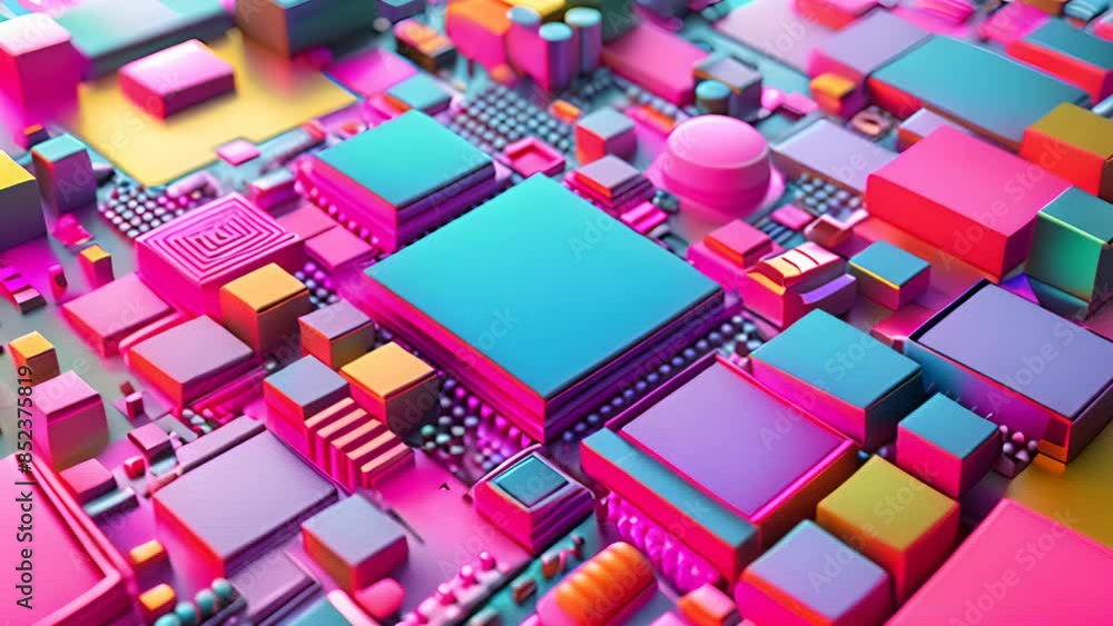 Poster a vibrant abstract 3d rendering of a colorful circuit board with geometric shapes, representing mode