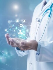 A digital health data doctor hovers above it, symbolizing the integration of technology in medical care