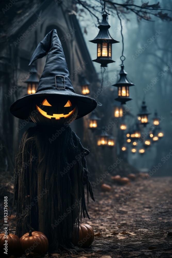 Canvas Prints a halloween witch standing in front of a house with pumpkins and lanterns