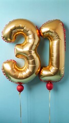 The photo shows two balloons with a beautiful gold foil string in the shape of the number "31" on a solid blue background.